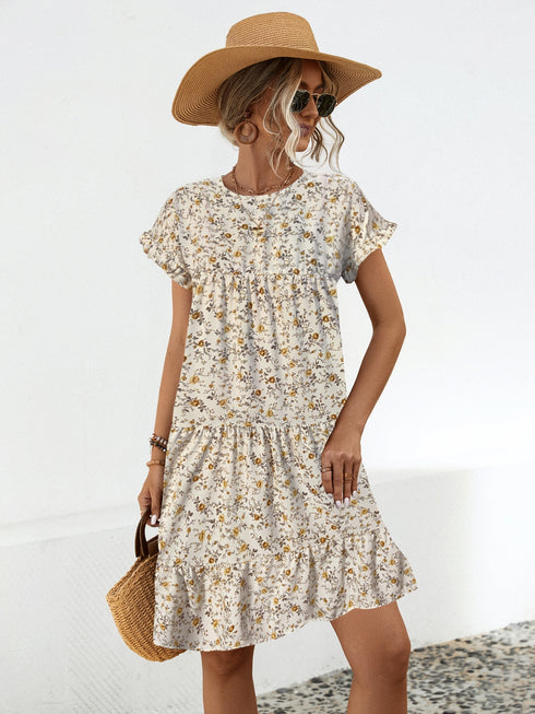 Frill Floral Round Neck Short Sleeve Tiered Dress - Odaingerous